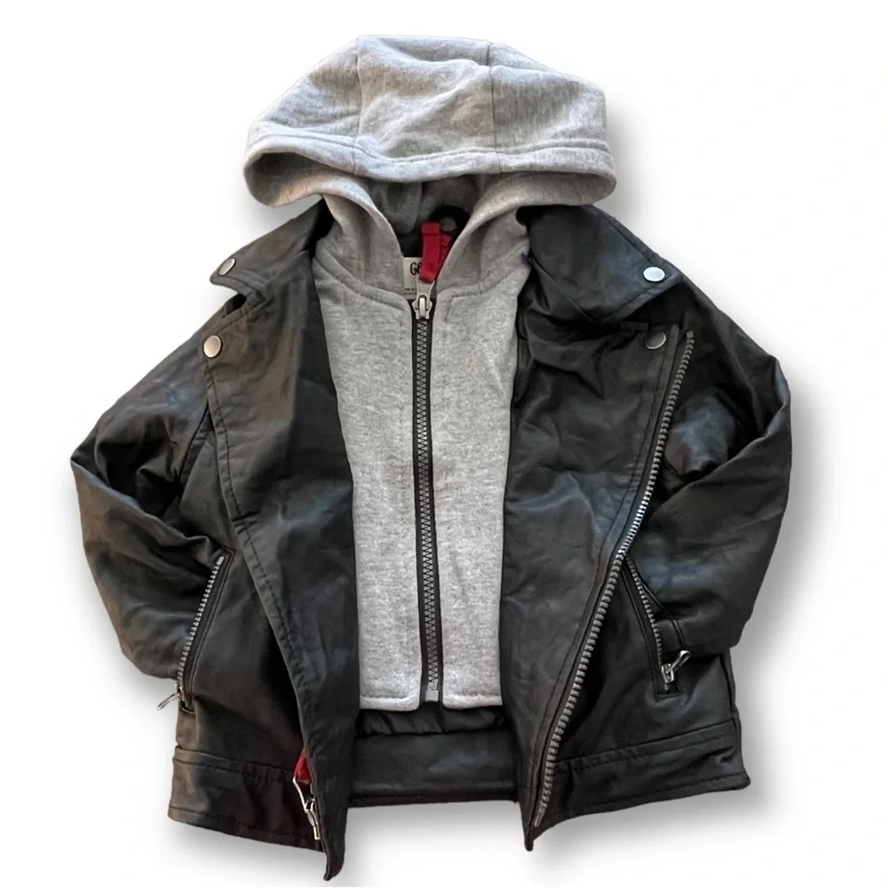 Oshkosh Faux Leather Motorcycle Jacket Gray Hoodie Lining Size 18M